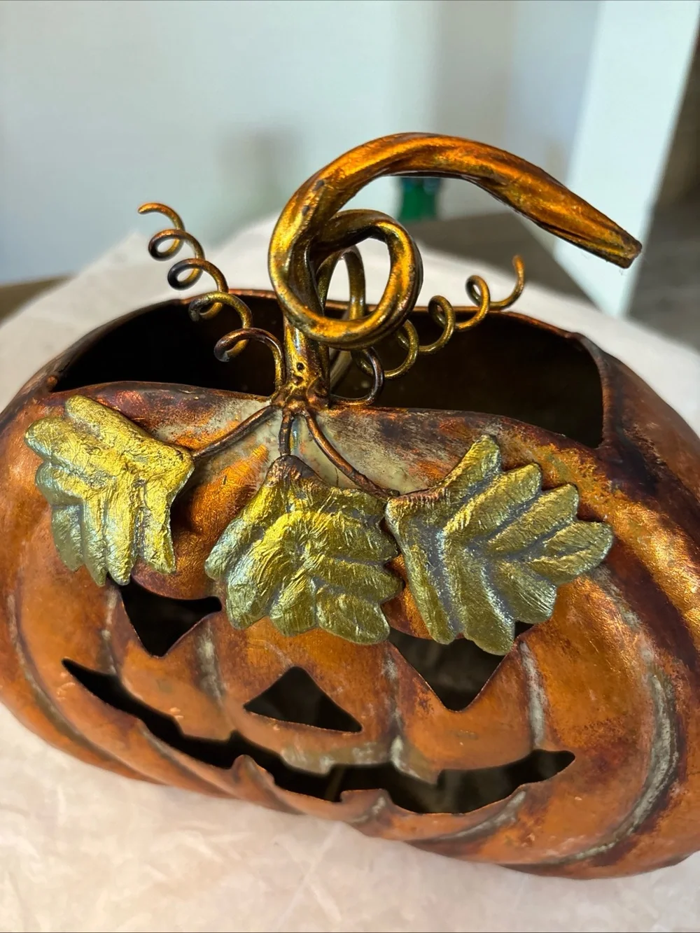 Adorable Hanging /sit Orange Metal Pumpkin Candle Holder Fall Autumn Decoration